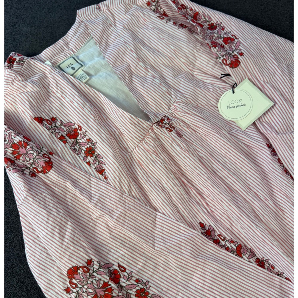 NWT LEA Pink White Striped Floral Boho Cottagecore Cotton Maxi Dress Pockets L